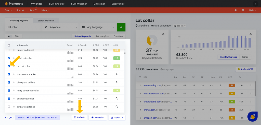 Bulk keyword difficulty check in KWFinder