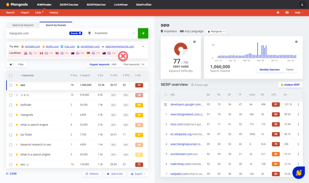 Removed locations in KWFinder overview table