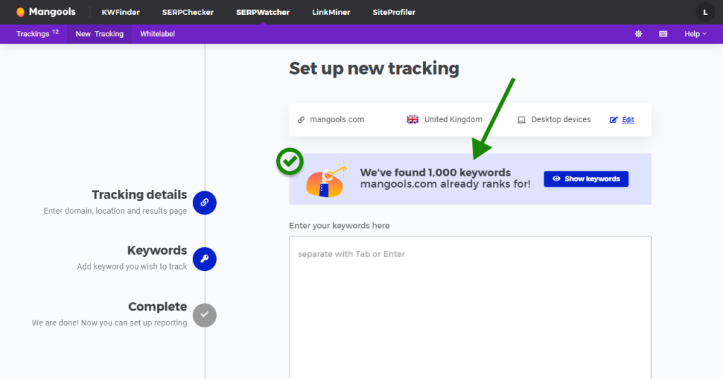Setting up tracking in SERPWatcher - example