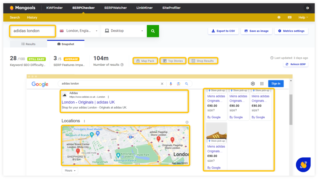 SERPChecker example - adidas london query