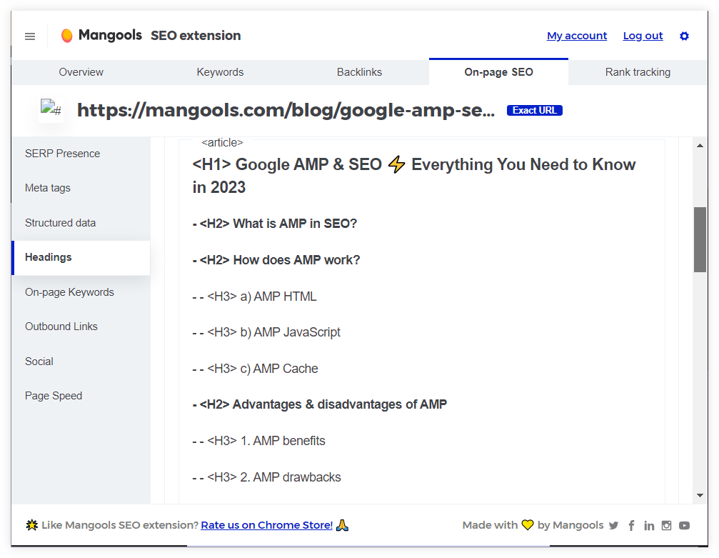 Checking H1 tags in Mangools SEO extension - example