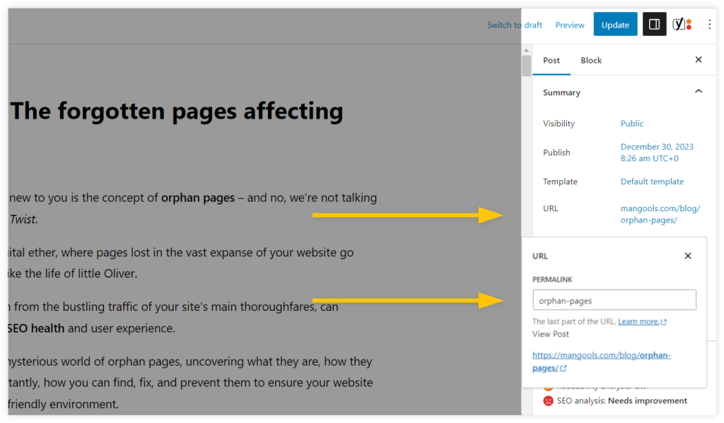 how to edit URL slug in WordpPress - example